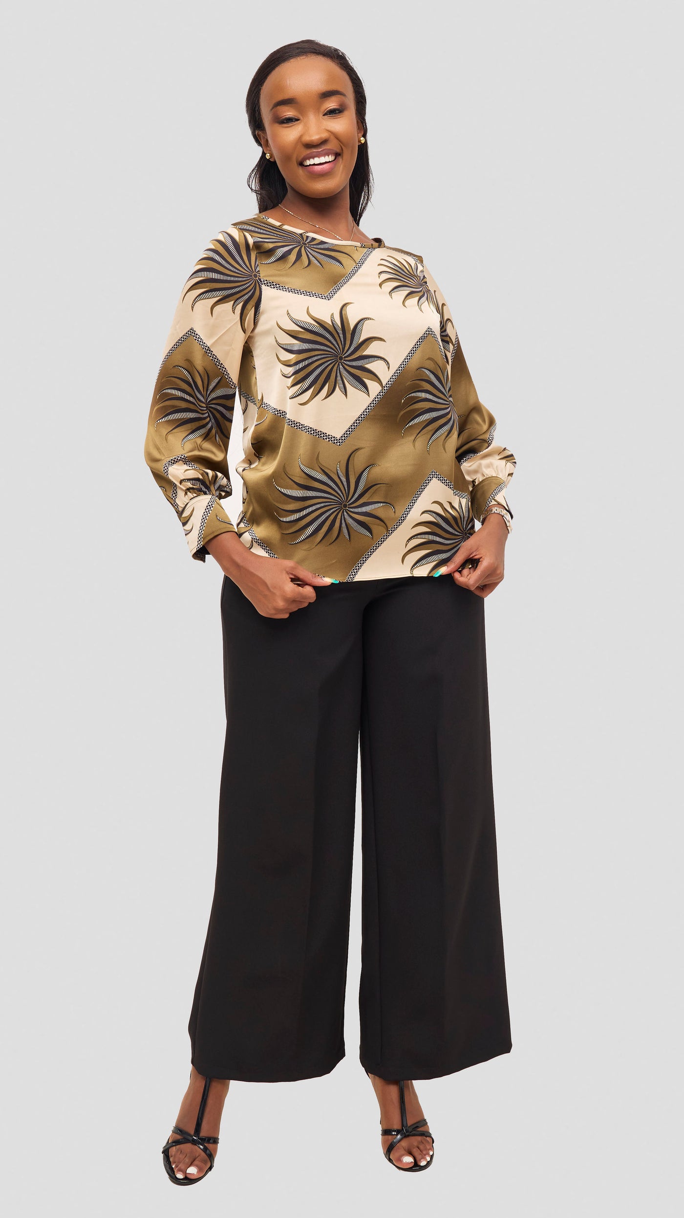 Vivo Tatili Bishop Long Sleeve Top - Hunters / Beige Print