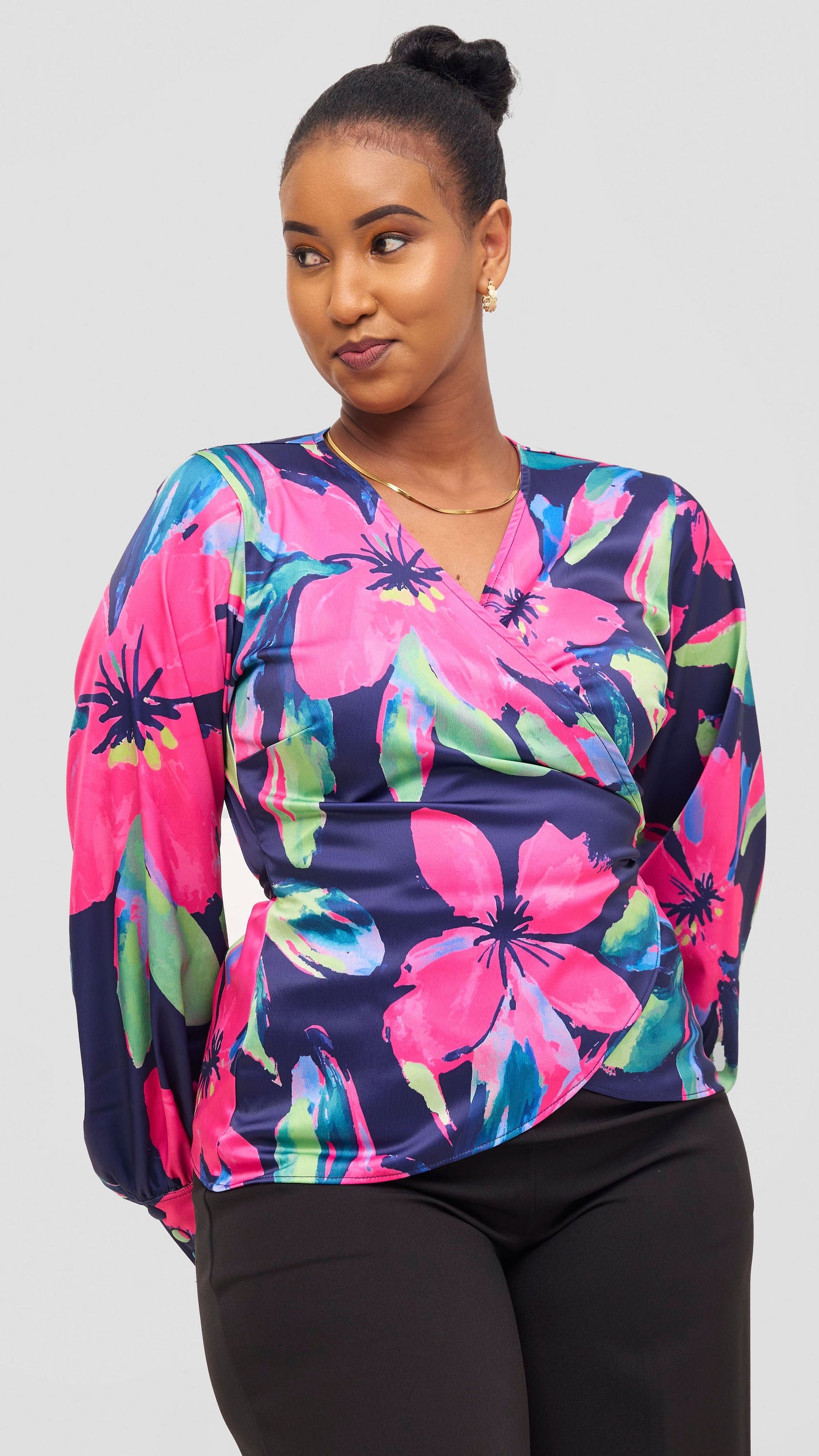 Vivo Merika Satin Wrap Top -  Fuschia / Green Iya Print