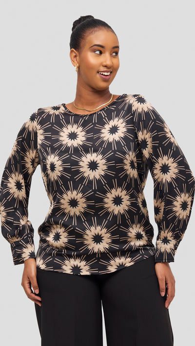 Vivo Tatili Bishop Long Sleeve Top - Black / Beige Print