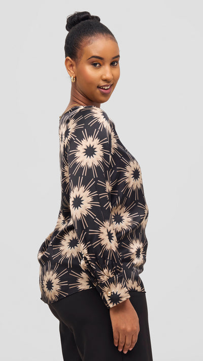 Vivo Tatili Bishop Long Sleeve Top - Black / Beige Print