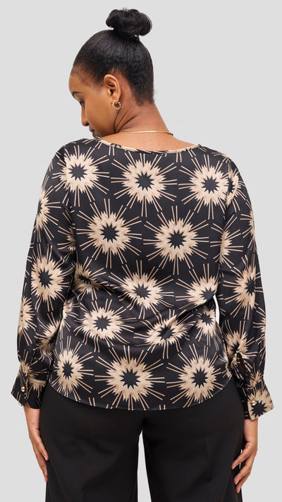 Vivo Tatili Bishop Long Sleeve Top - Black / Beige Print