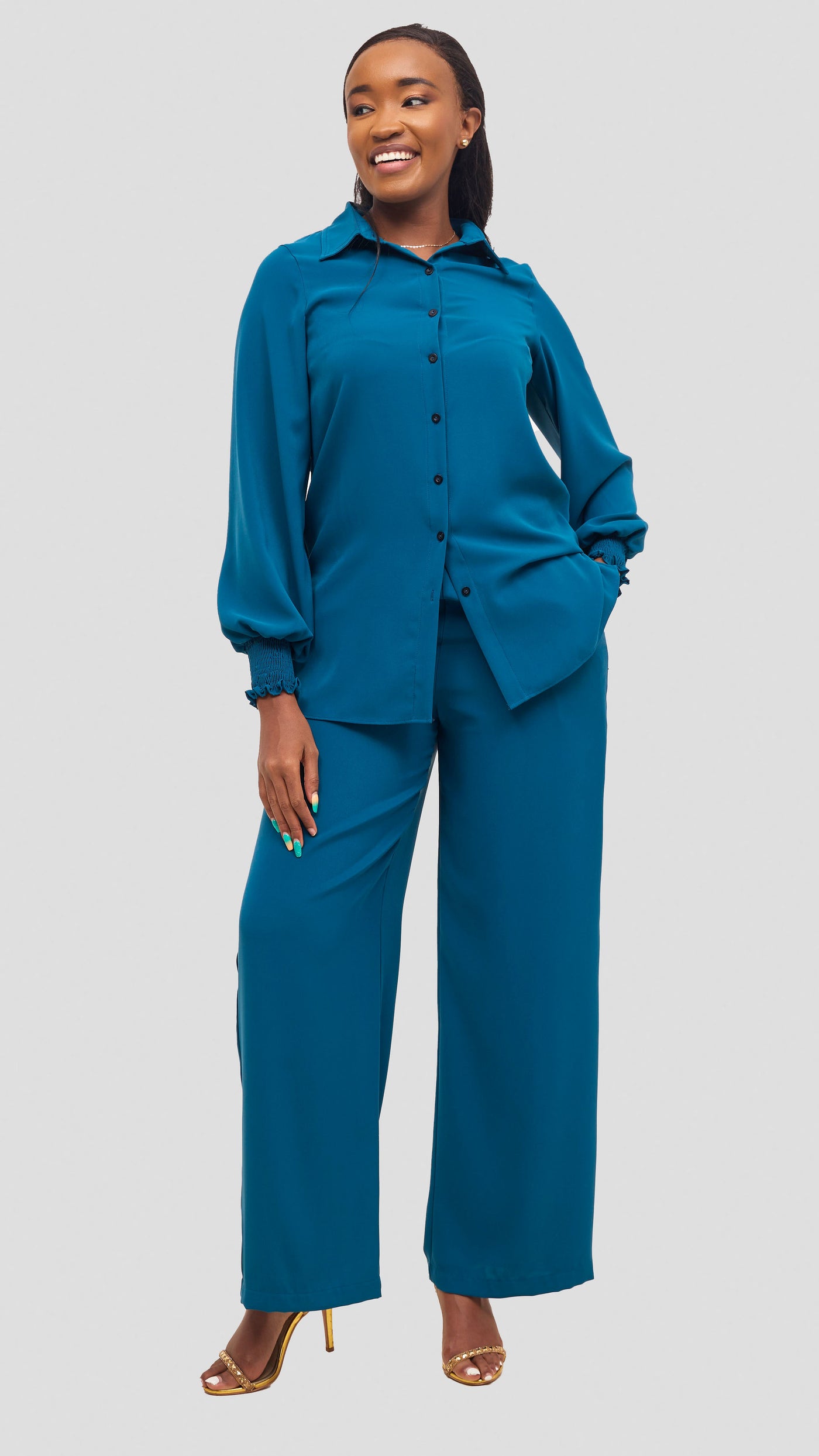 Vivo Wastani Shirred Easy Fit Shirt - Teal
