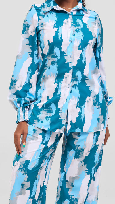 Vivo Wastani Shirred Easy Fit Shirt - Light Blue / Teal Marra Print