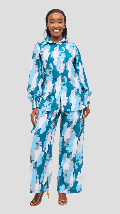 Vivo Wastani Shirred Easy Fit Shirt - Light Blue / Teal Marra Print