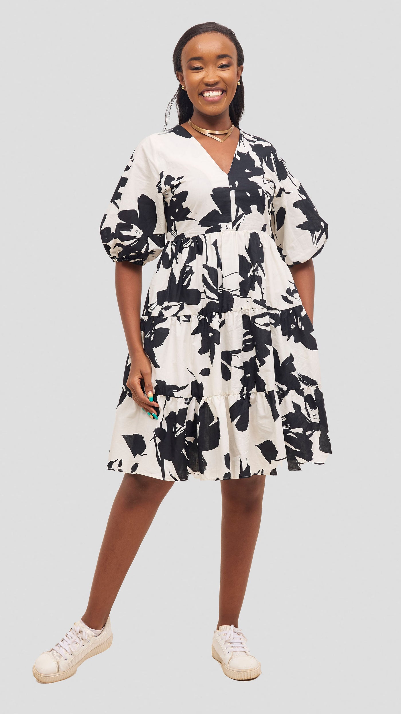 Safari by Vivo  Naledi Bishop Sleeve Tiered Dress - White / Black Wia Print