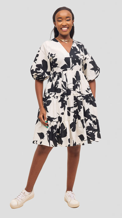 Safari by Vivo  Naledi Bishop Sleeve Tiered Dress - White / Black Wia Print