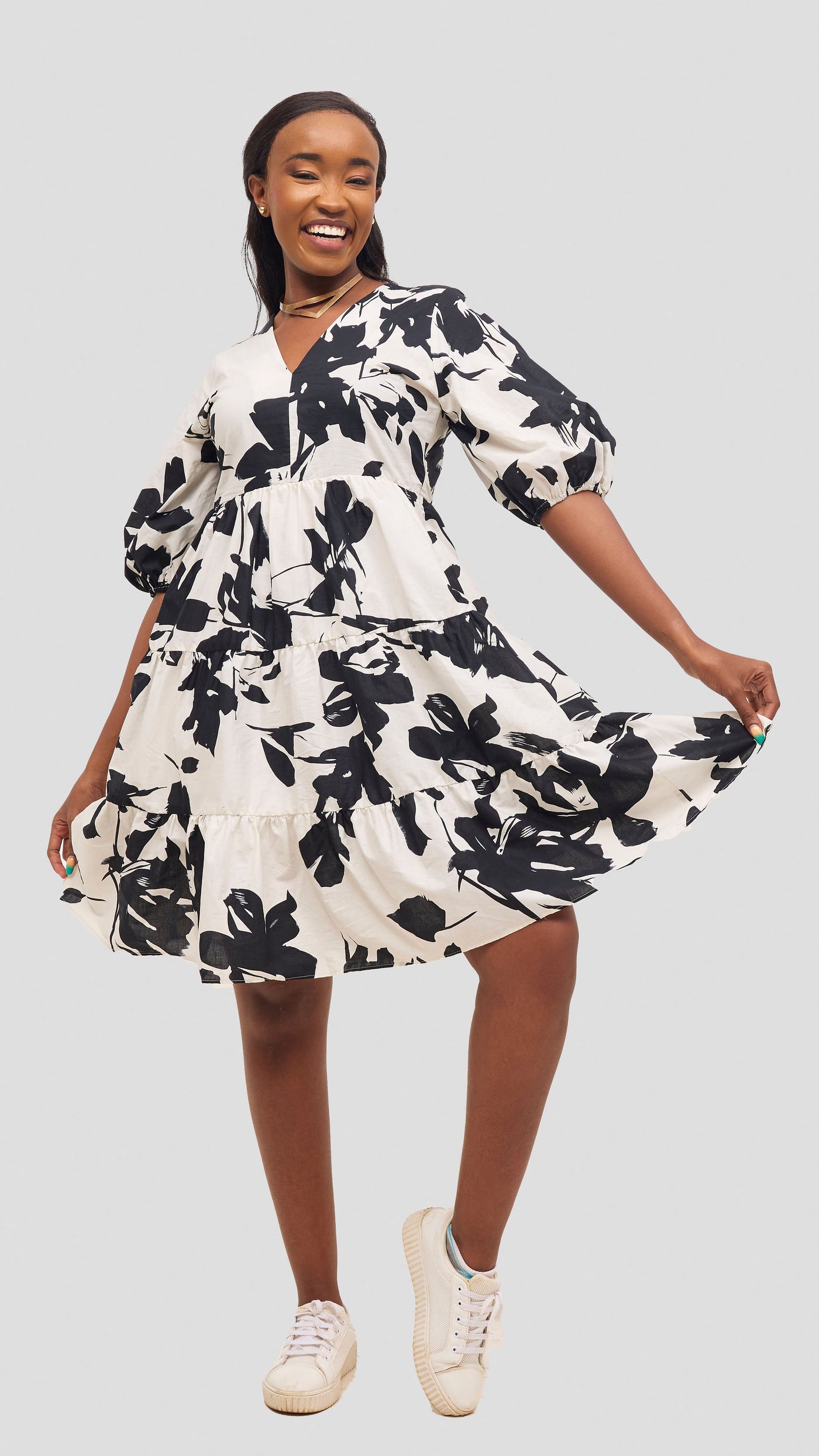 Safari by Vivo  Naledi Bishop Sleeve Tiered Dress - White / Black Wia Print