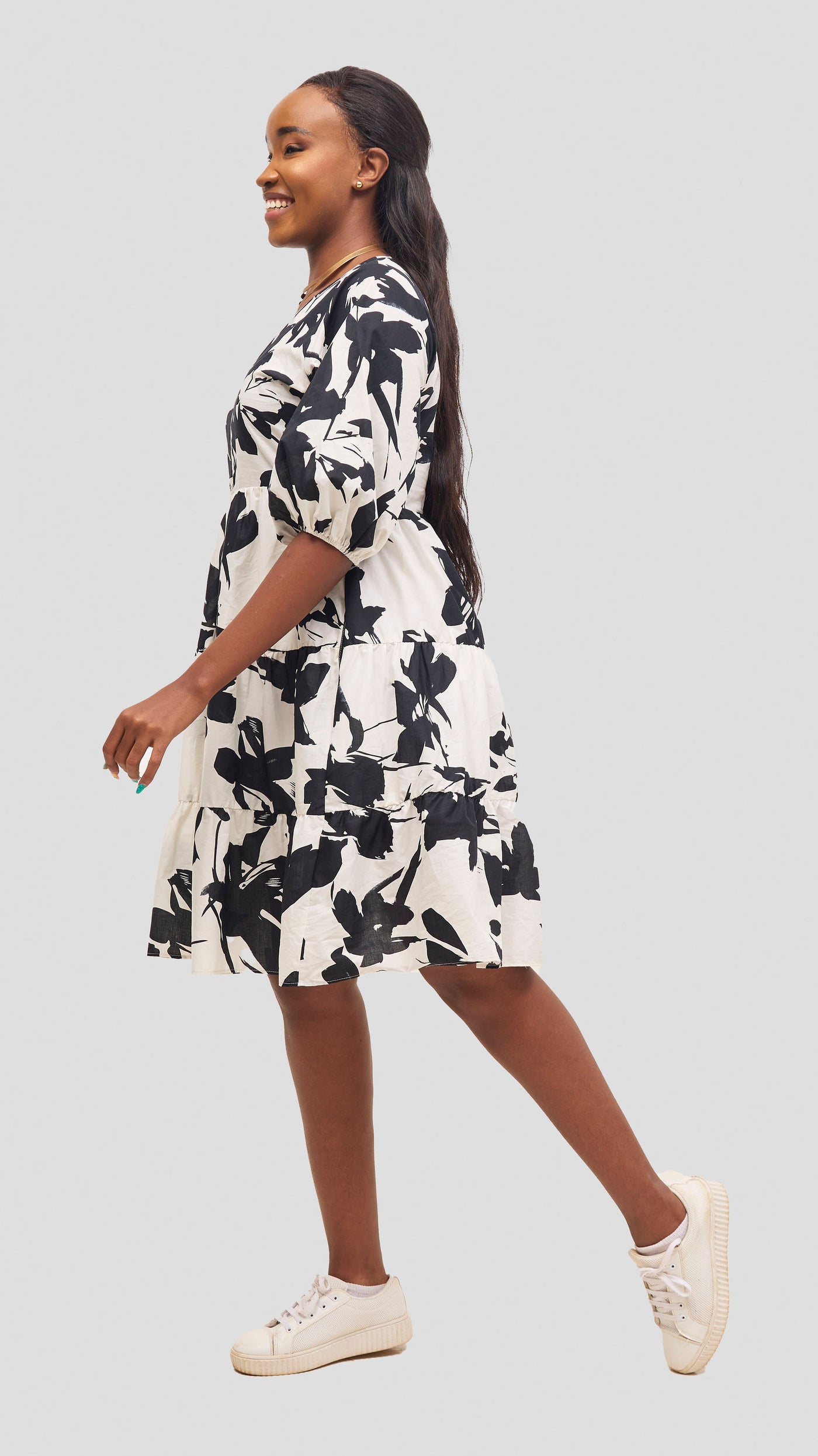 Safari by Vivo  Naledi Bishop Sleeve Tiered Dress - White / Black Wia Print