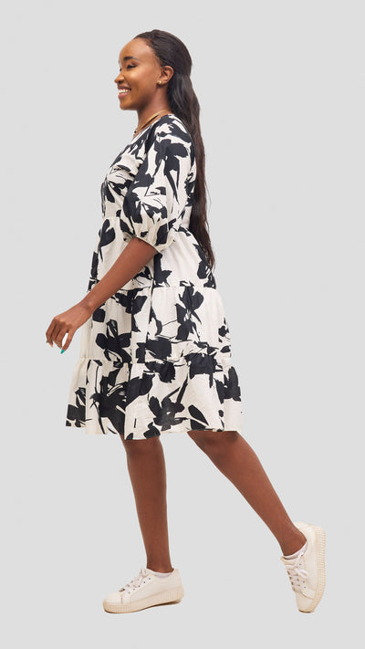 Safari by Vivo  Naledi Bishop Sleeve Tiered Dress - White / Black Wia Print