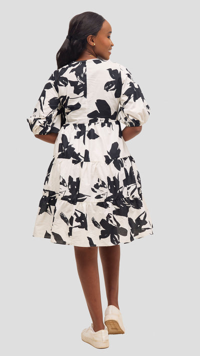 Safari by Vivo  Naledi Bishop Sleeve Tiered Dress - White / Black Wia Print