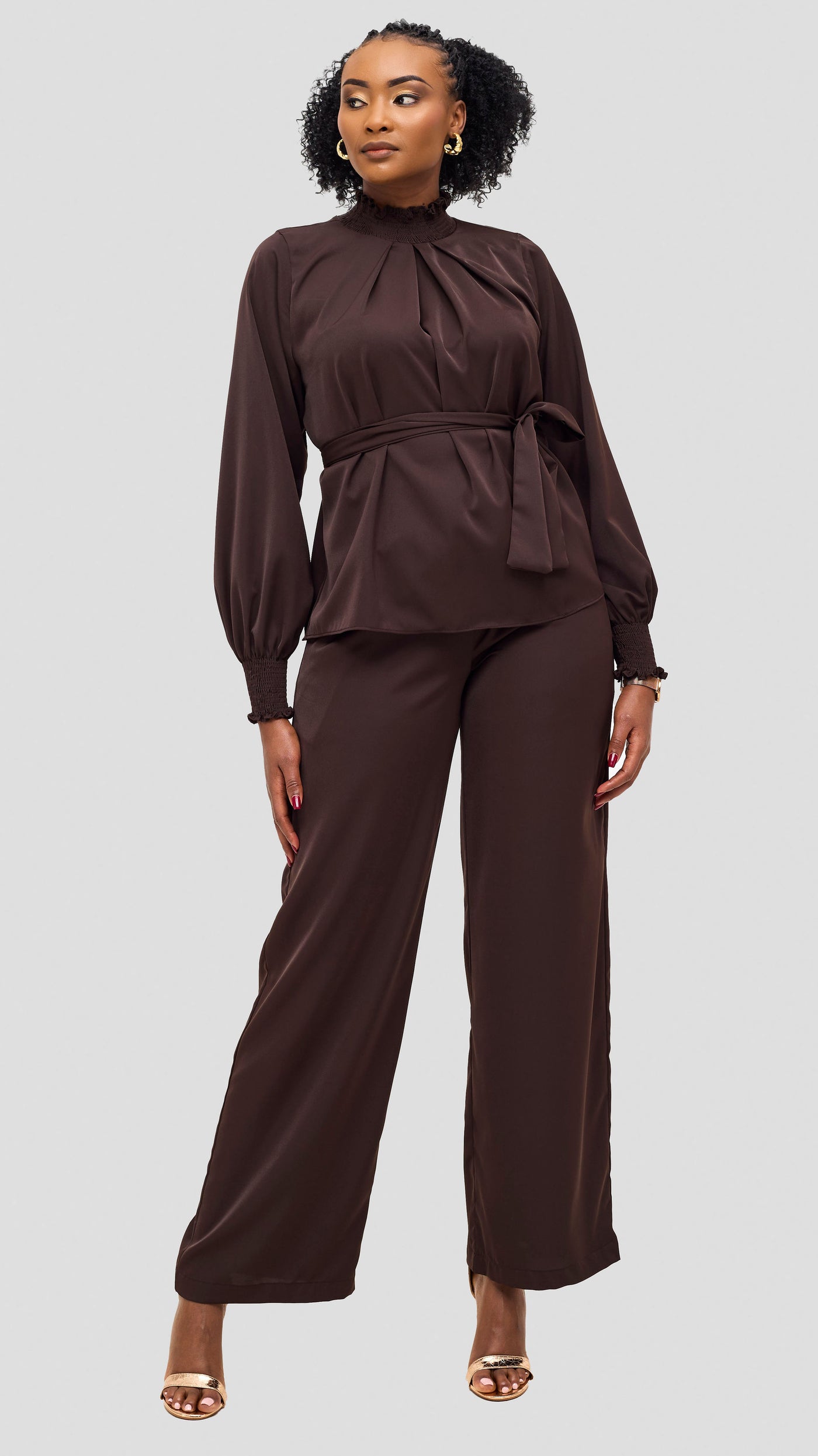 Vivo Ayah Bishop Sleeve Mock Neck Top - Chocolate