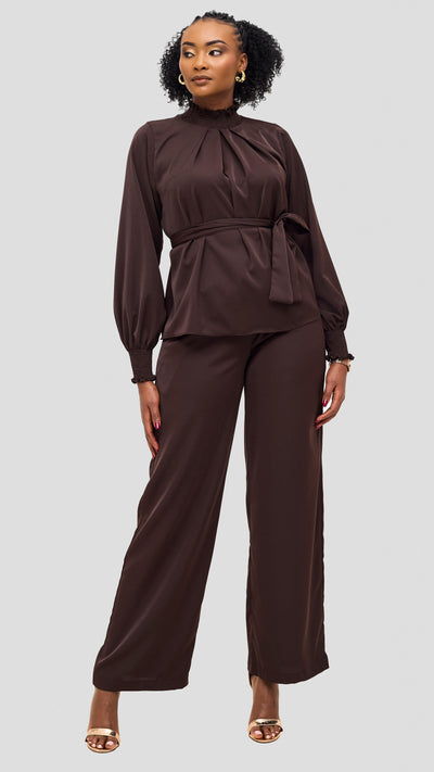 Vivo Ayah Bishop Sleeve Mock Neck Top - Chocolate