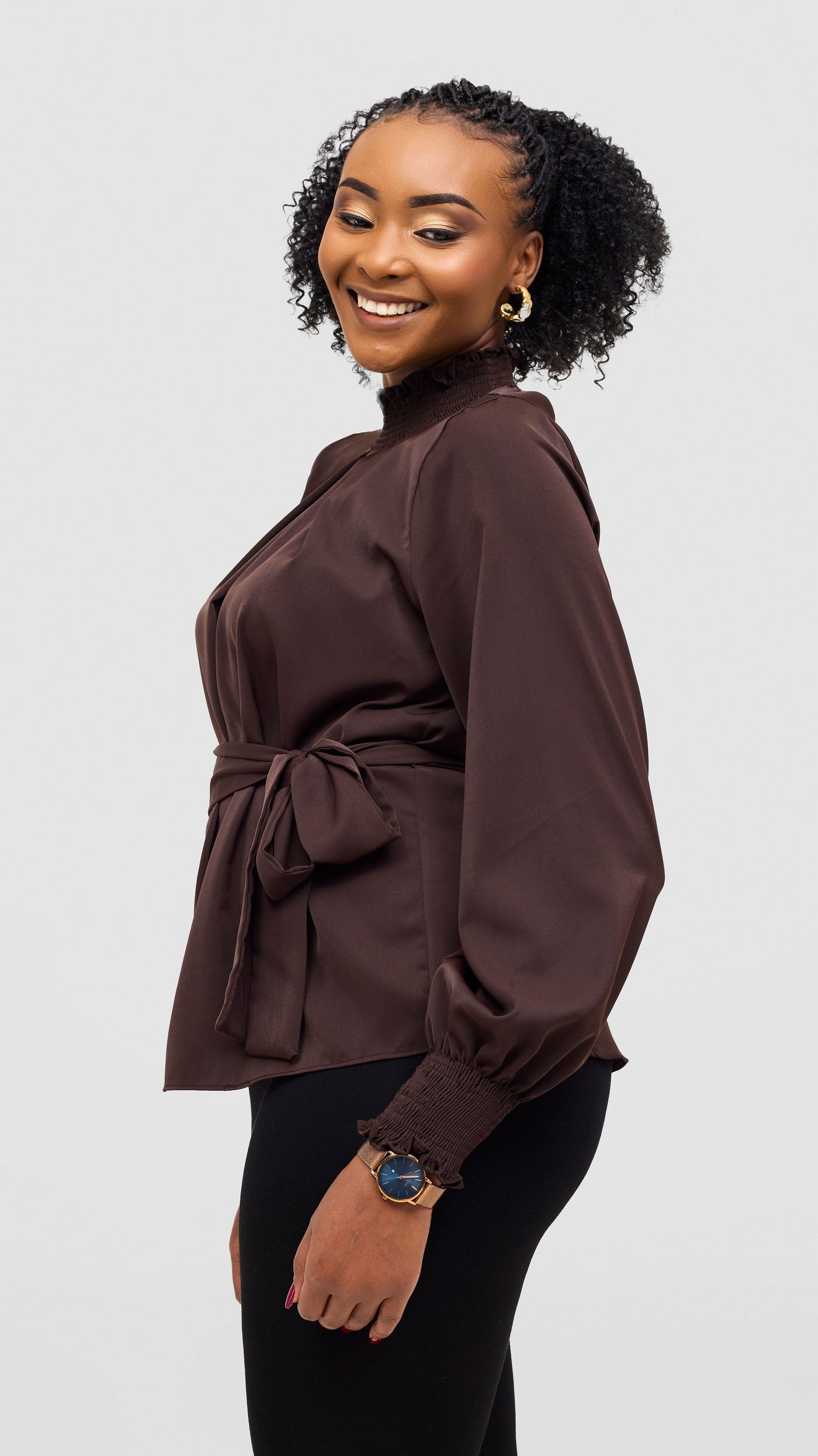 Vivo Ayah Bishop Sleeve Mock Neck Top - Chocolate