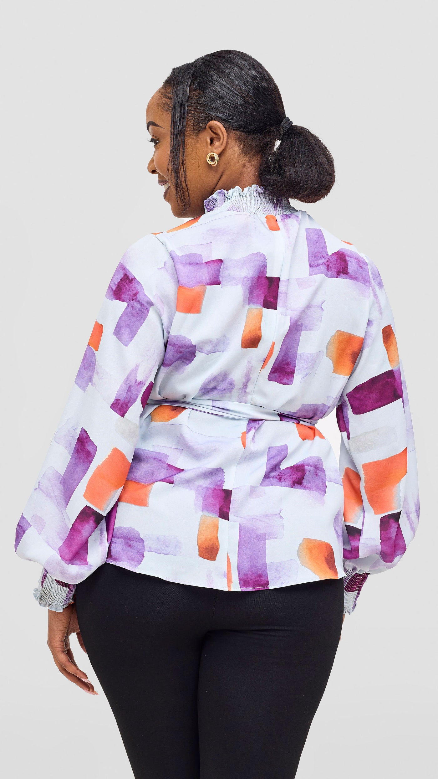 Vivo Ayah Bishop Sleeve Mock Neck Top - Lilac / Orange Zani Print