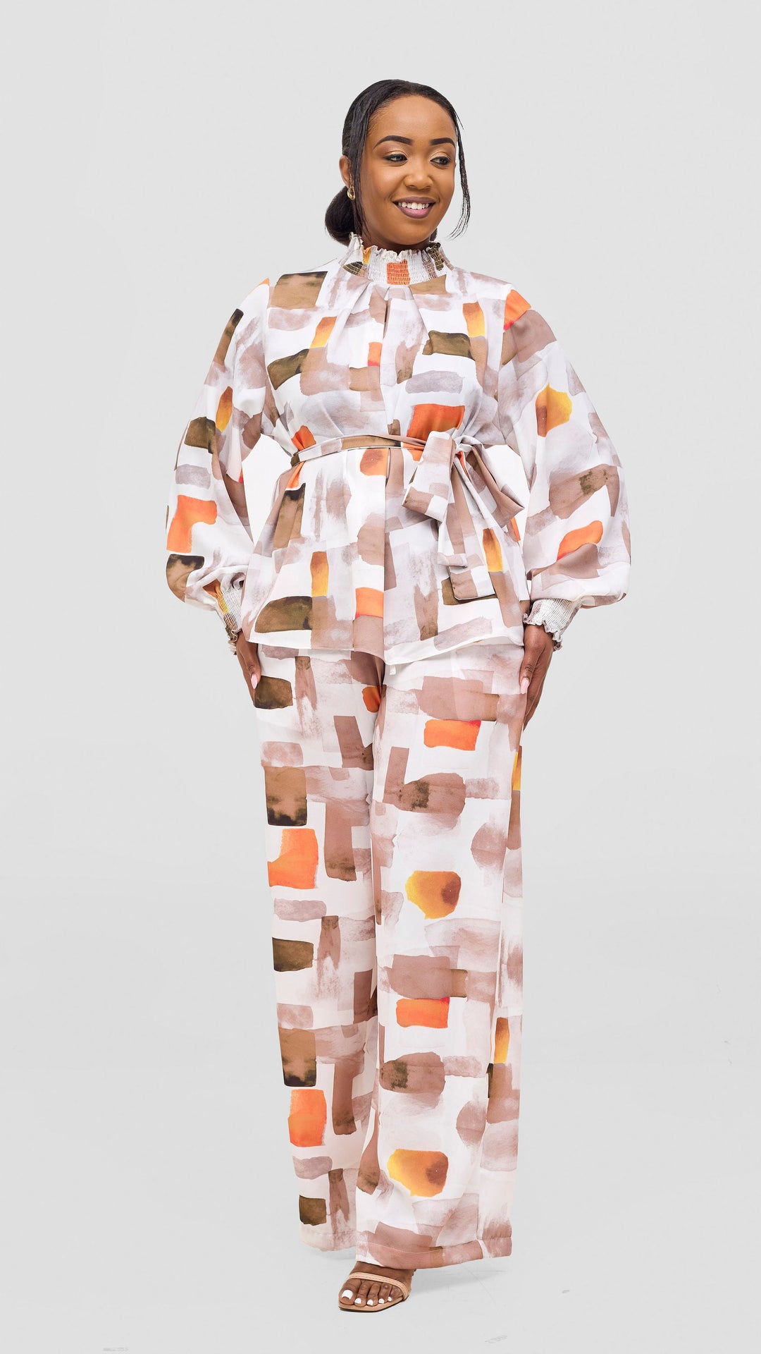 Vivo Ayah Bishop Sleeve Mock Neck Top - Taupe / Orange Zani Print