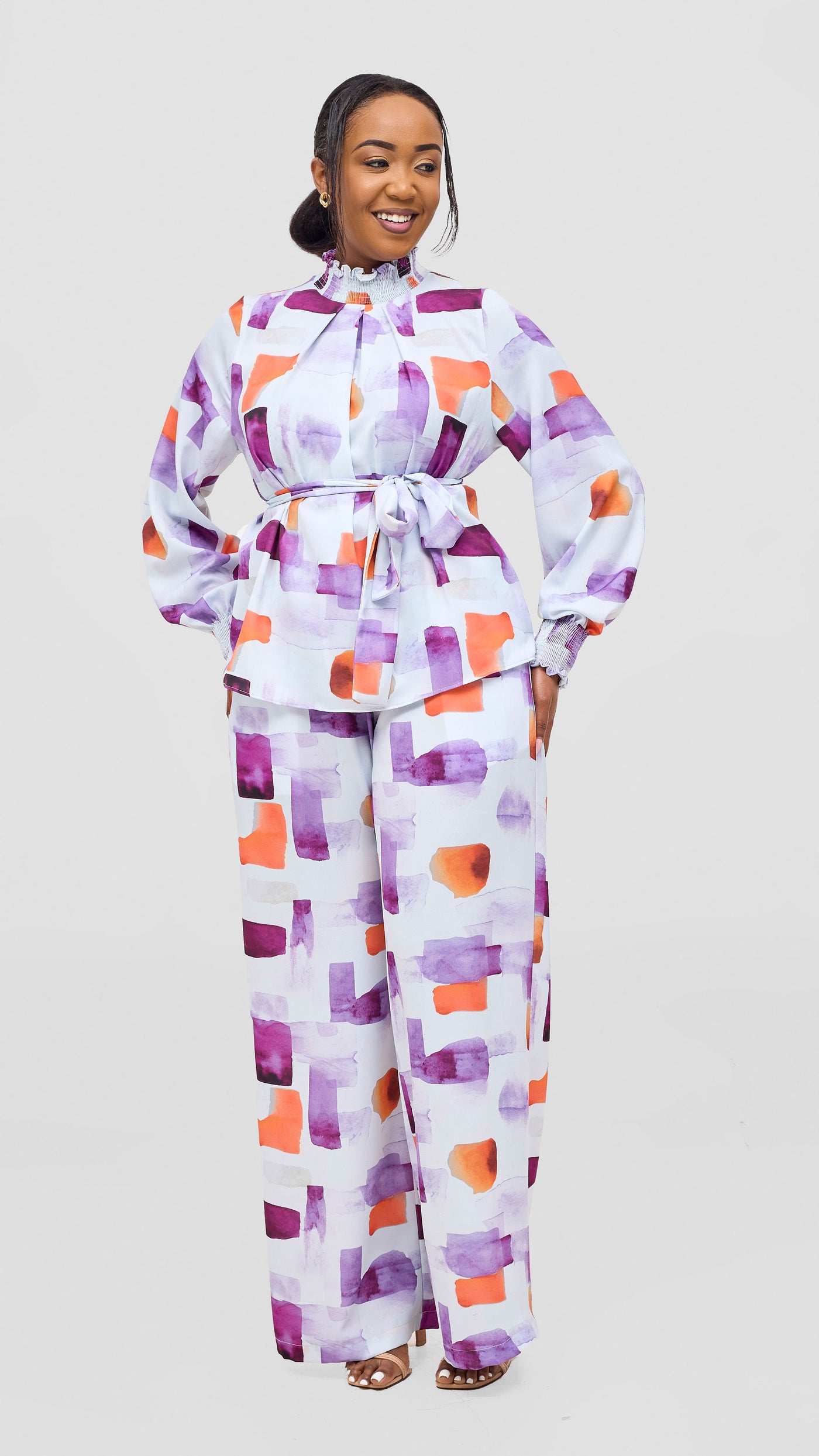 Vivo Ayah Bishop Sleeve Mock Neck Top - Lilac / Orange Zani Print