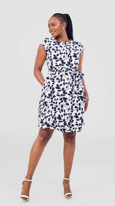 Vivo Basic Cap Sleeve Knee Length Dress - White Navy