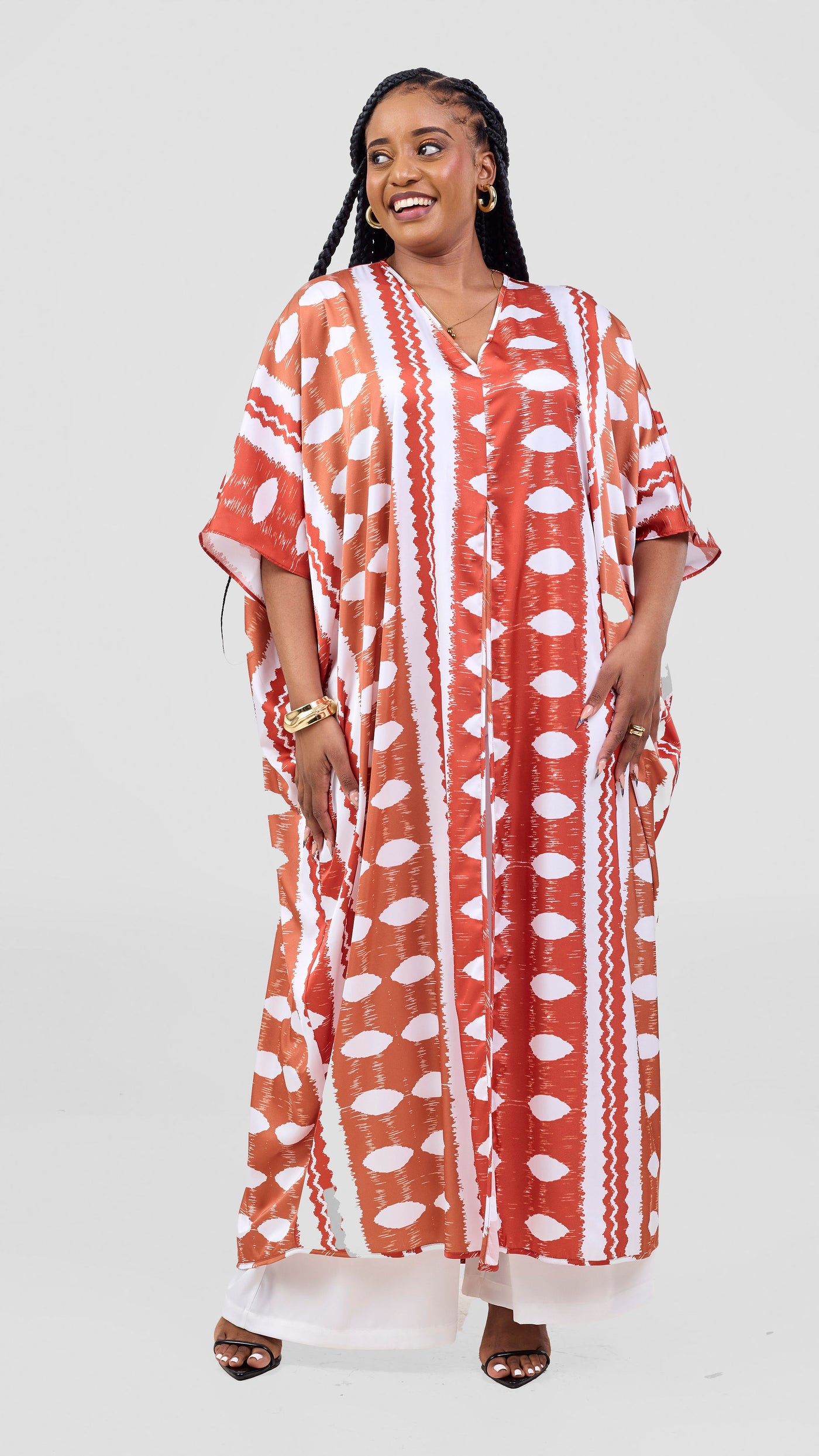 Vivo Essi Front Slit Maxi Top - White / Rust Print