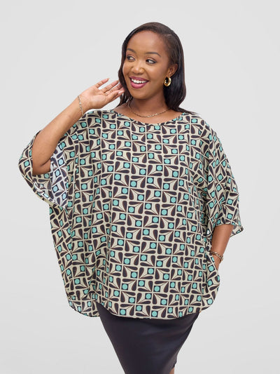 Vivo Sakari Circular Loose Top - Beige / Blue Print - Shopzetu