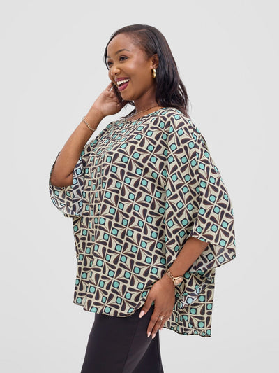 Vivo Sakari Circular Loose Top - Beige / Blue Print - Shopzetu