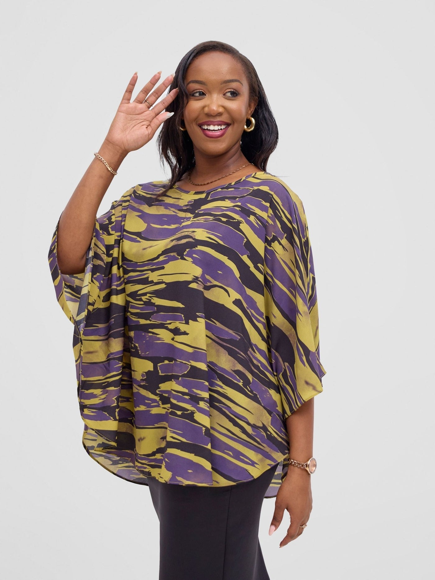 Vivo Sakari Circular Loose Top - Yellow / Purple Print - Shopzetu