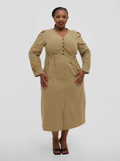 Hessed Long Sleeved Buttoned Dress - Khaki - Shopzetu