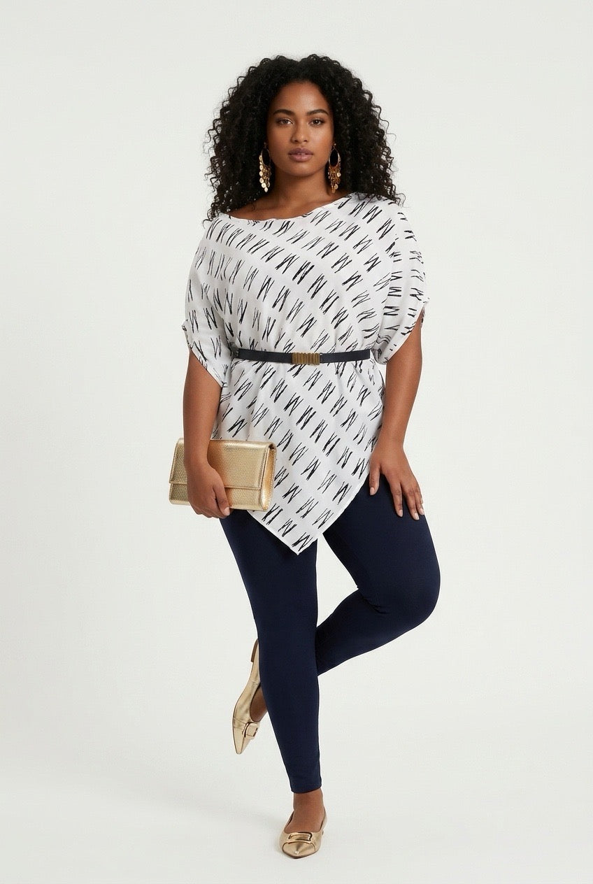 Stylish Sisters Asymmetrical Striped Batwing - White / Black