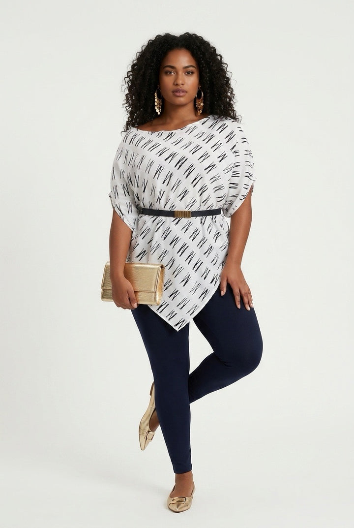 Stylish Sisters Asymmetrical Striped Batwing - White / Black