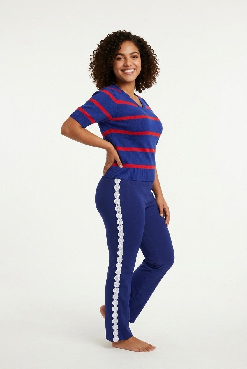 Stylish Sisters Striped Short-Sleeve Knit Sweater Tee - Blue /  Red