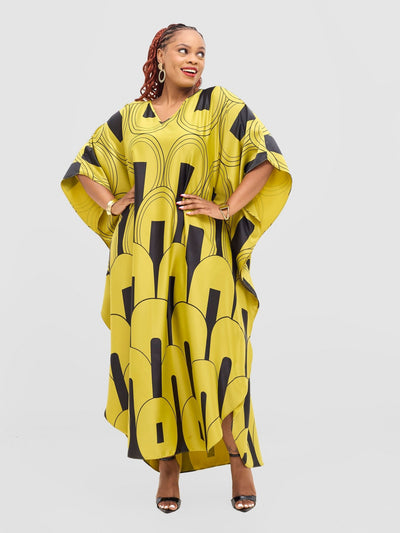 Vivo Amai Maxi Kaftan Dress - Lime / Black Lango Print - Shopzetu
