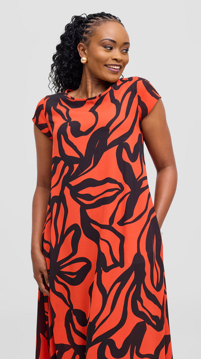 Vivo Basic Cap Sleeve Chiffon Maxi Dress - Orange / Black Nitai Print