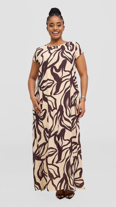 Vivo Basic Cap Sleeve Chiffon Maxi Dress - Buttermilk / Chocolate Nitai Print