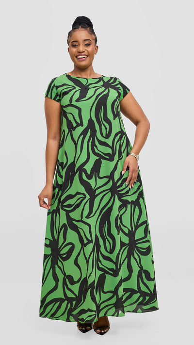 Vivo Basic Cap Sleeve Chiffon Maxi Dress - Green  / Black Nitai Print
