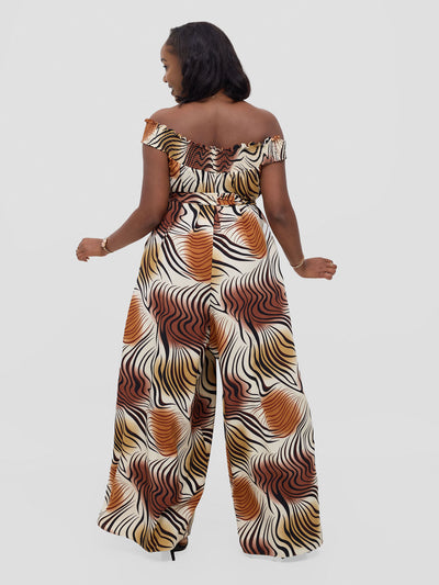 Vivo Alek Shirred Off - Shoulder Jumpsuit - Cream Jazah Print - Shopzetu