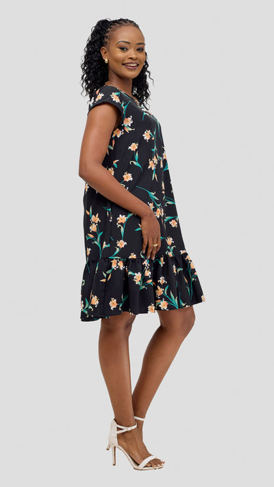 Vivo Dalia Cap Sleeve Gathered Knee Length Dress - Black / Peach Print
