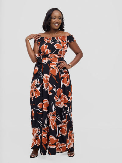 Vivo Alek Shirred Off - Shoulder Jumpsuit - Rust Jazah Print - Shopzetu
