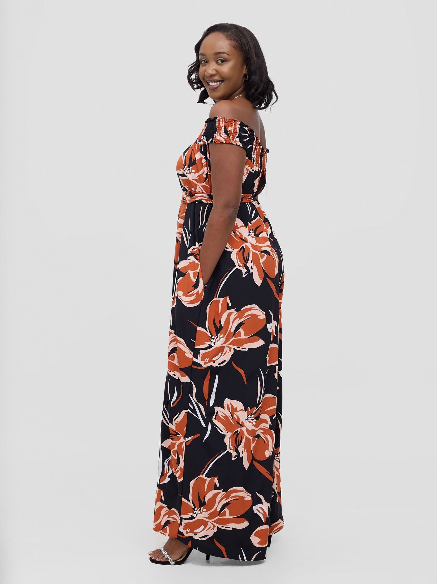 Vivo Alek Shirred Off - Shoulder Jumpsuit - Rust Jazah Print - Shopzetu