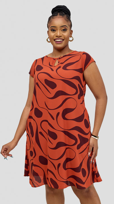 Vivo Sierra Cap Sleeve Tent Chiffon Dress - Rust / Burgundy Mohi Print