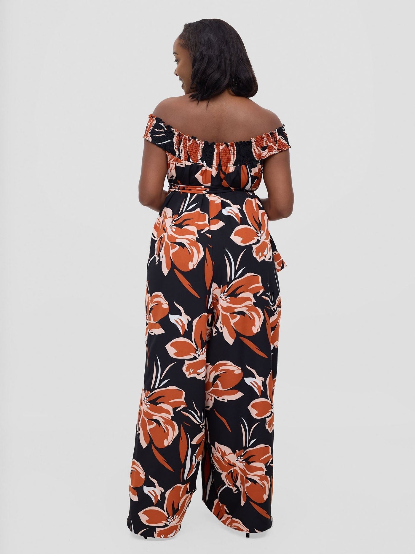Vivo Alek Shirred Off - Shoulder Jumpsuit - Rust Jazah Print - Shopzetu