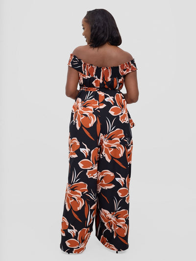 Vivo Alek Shirred Off - Shoulder Jumpsuit - Rust Jazah Print - Shopzetu