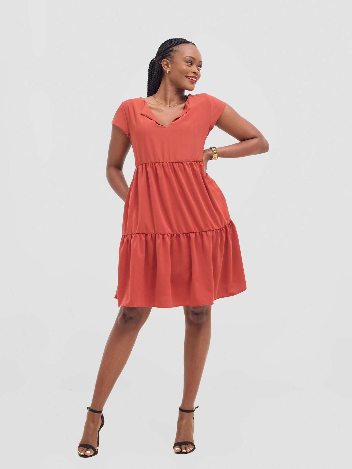 Vivo Pelia Round Neck Dress - Rust - Shopzetu