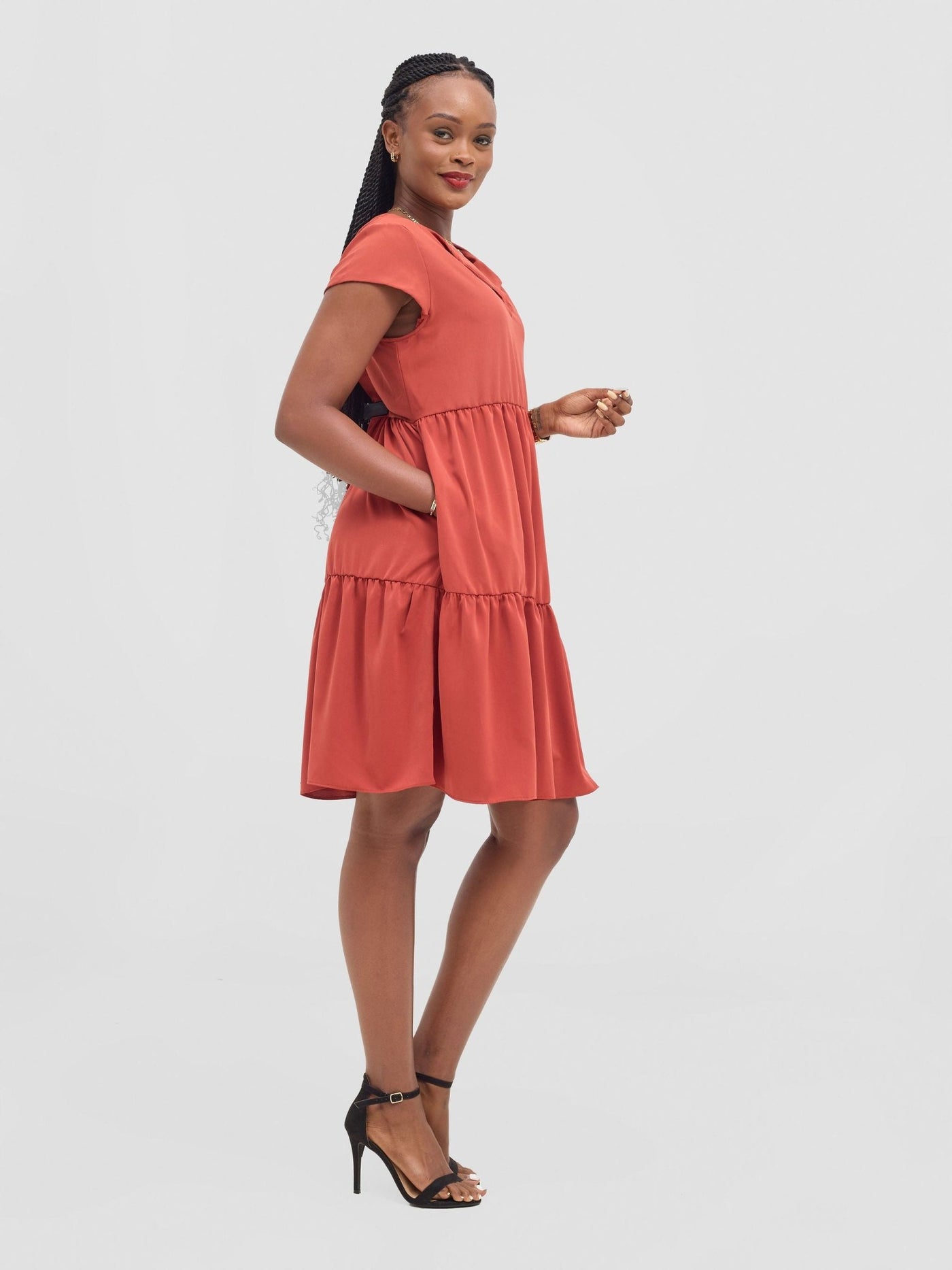 Vivo Pelia Round Neck Dress - Rust - Shopzetu
