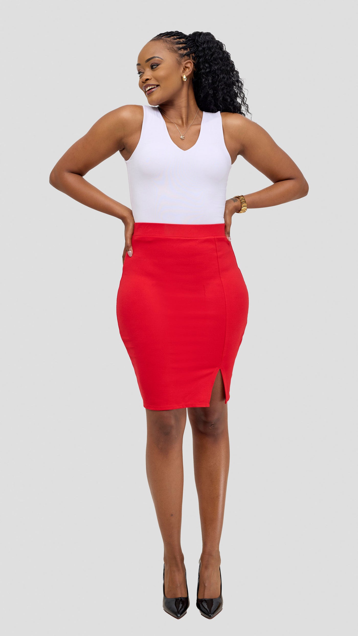 Vivo Nora Front Slit Knee Length Skirt - Red
