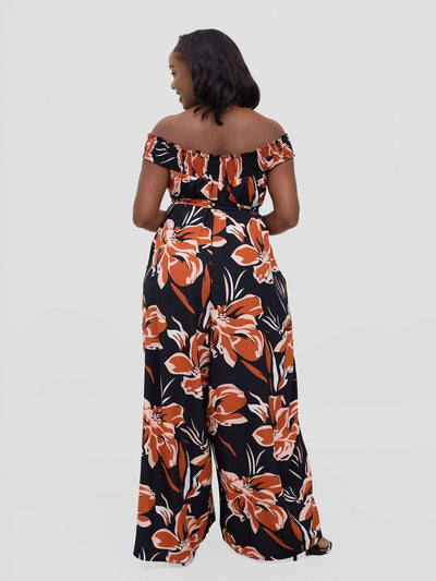 Vivo Alek Shirred Off - Shoulder Jumpsuit - Rust Jazah Print - Shopzetu