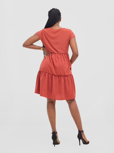 Vivo Pelia Round Neck Dress - Rust - Shopzetu