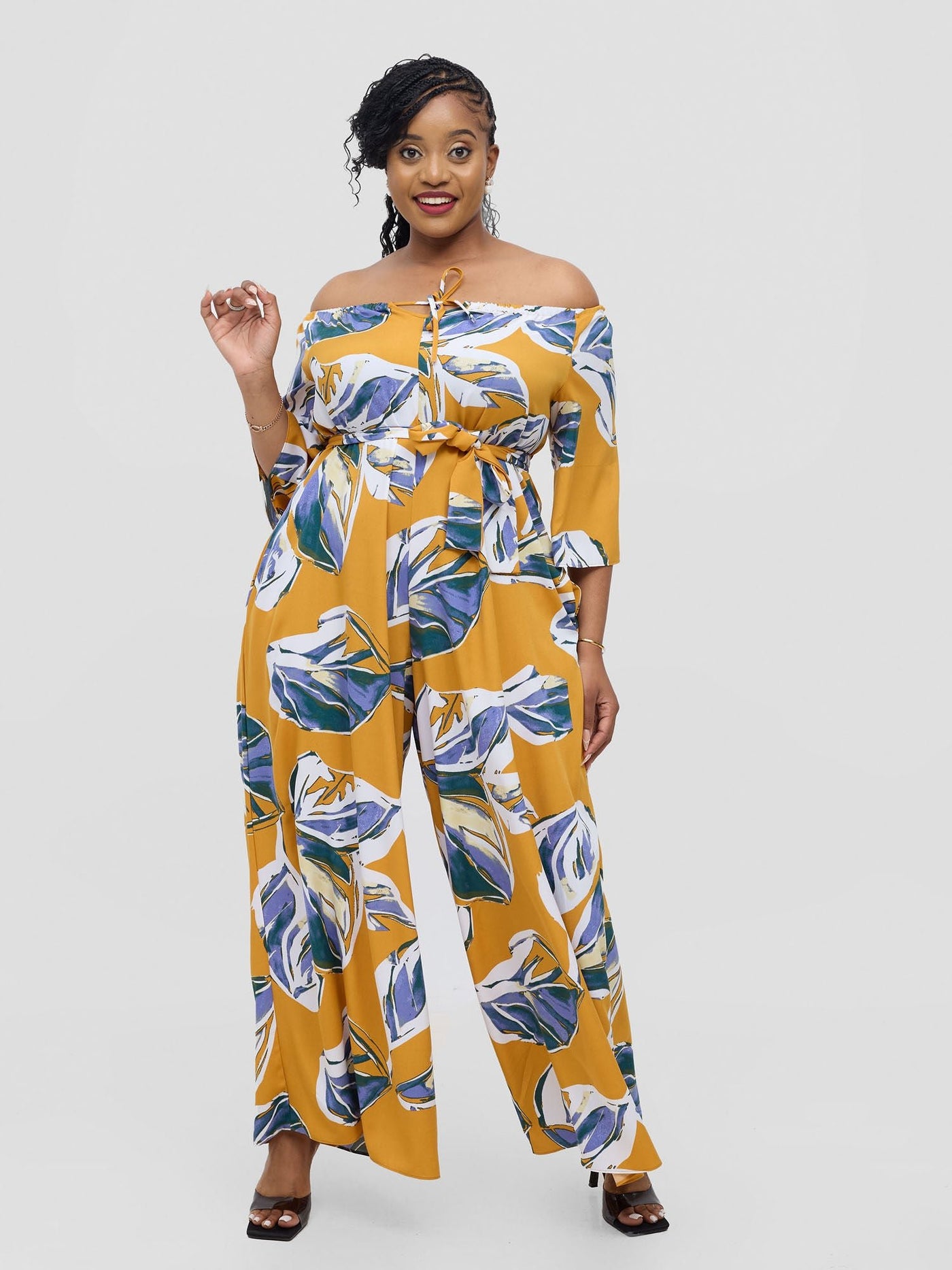 Vivo Zahari 3/4 Sleeve Off - Shoulder Jumpsuit - Purple Ari Print - Shopzetu