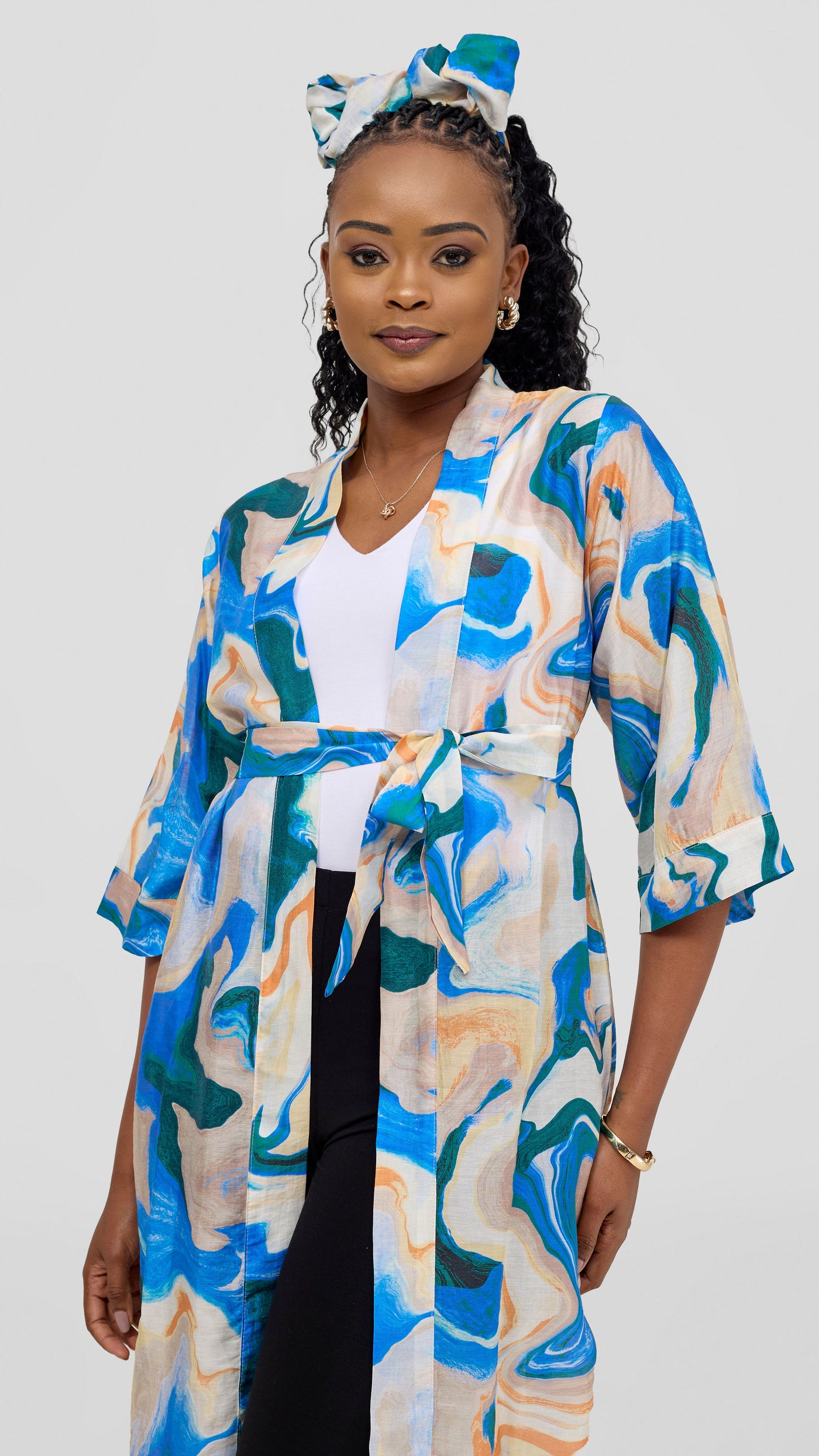 Safari by Vivo  3/4 Sleeve Maxi Kimono With Headwrap - Off White / Navy Print