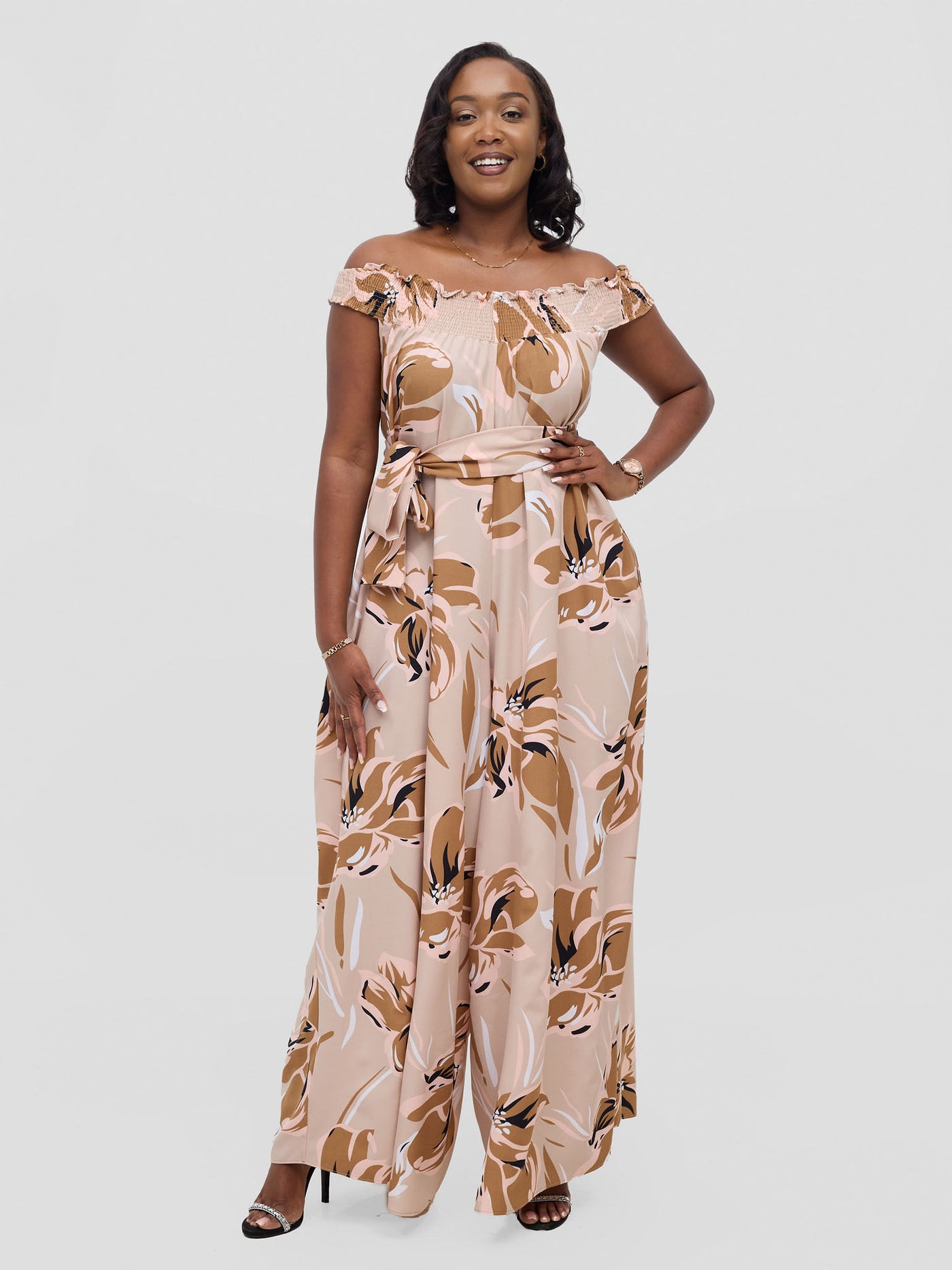 Vivo Alek Shirred Off - Shoulder Jumpsuit - Taupe Jazah Print - Shopzetu