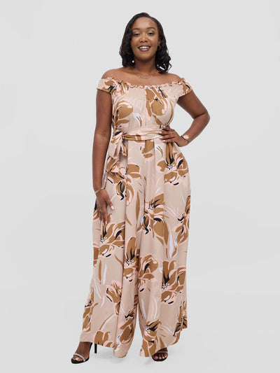 Vivo Alek Shirred Off - Shoulder Jumpsuit - Taupe Jazah Print - Shopzetu