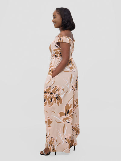 Vivo Alek Shirred Off - Shoulder Jumpsuit - Taupe Jazah Print - Shopzetu